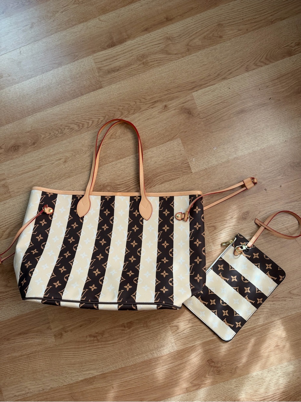 Designer-Inspired Brown and Cream Stripe Tote Bag with Wristlet